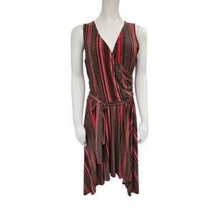 Lauren Ralph Lauren Faux Wrap Dress Medium Red Brown Striped Southwestern V Neck